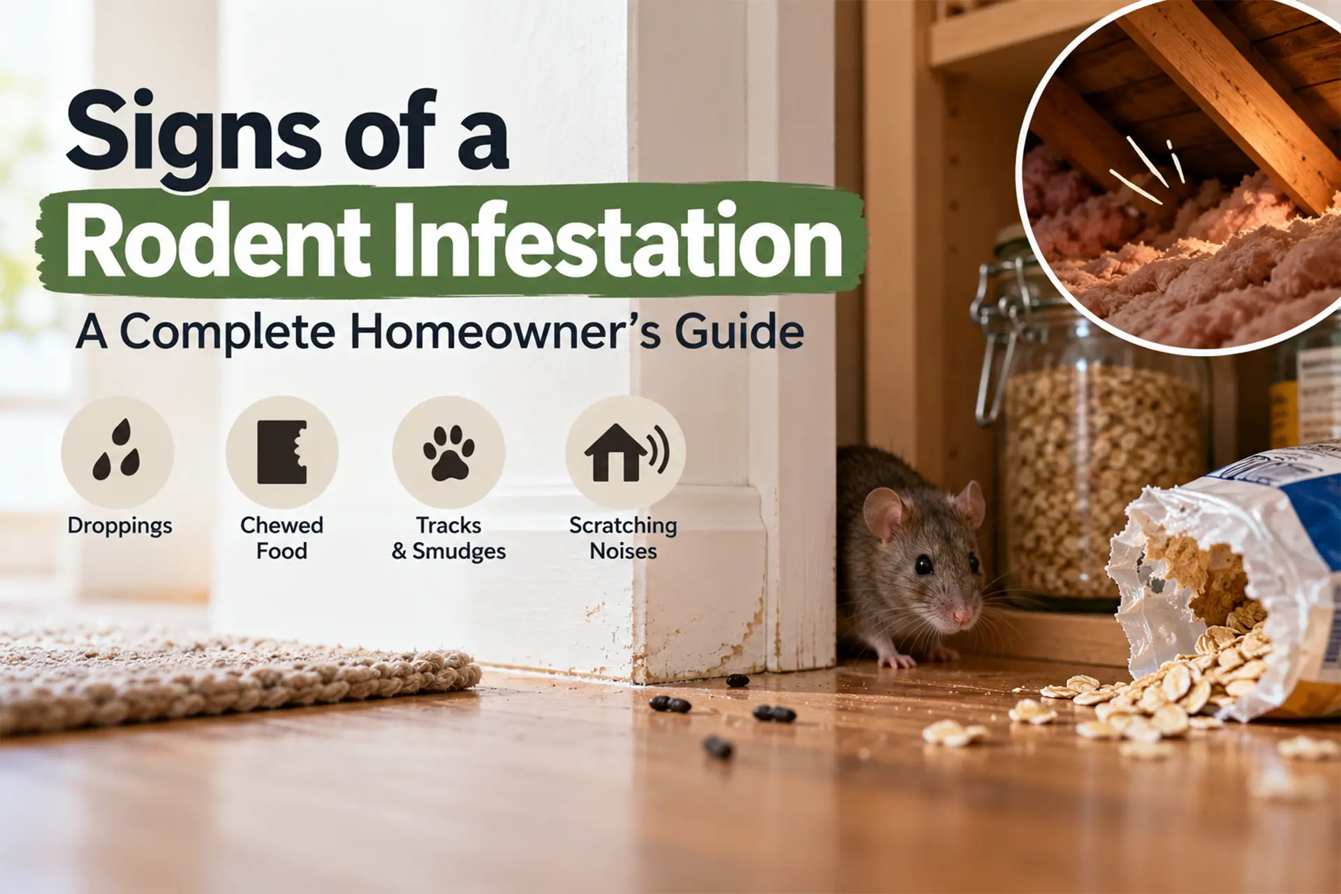 Signs of a rodent infestation in a home, including mouse droppings, chewed food packaging, rodent tracks, and scratching noises in the attic